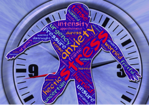 human silhouette overlay on a clock  with the words anxiety and stress