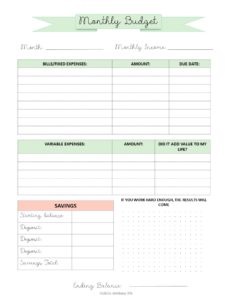 Monthly budget printable