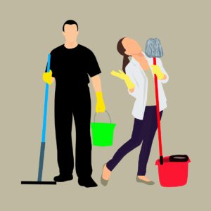cartoon image of man and woman with mops and buckets